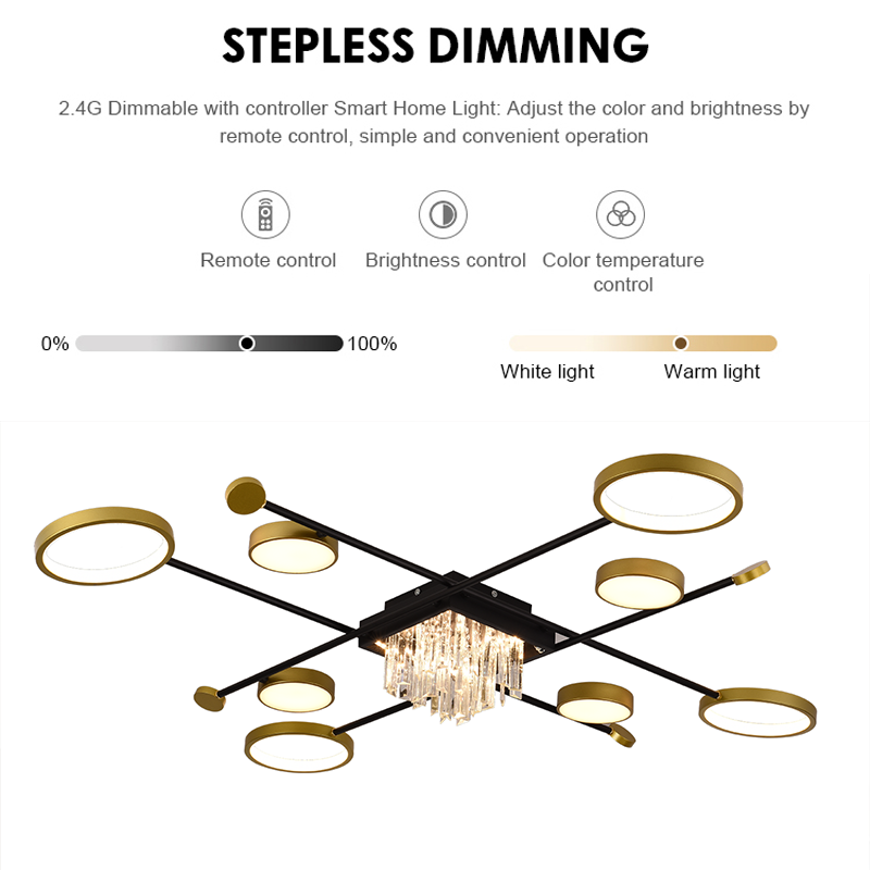 Lustre LED avec télécommande et cristal GUIDA 46W, 8 éléments, lumière froide/chaude/neutre, variable, lustres LED or noir avec télécommande Titre par défaut Alessandro Design