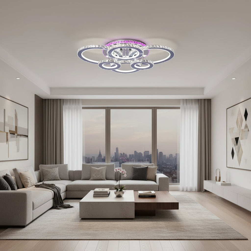 Lustre LED avec télécommande et cristal NOVA ROTONDA RGB 144W, 6 Cercles, Lumière Froide/Chaude/Neutre, Dimmable, Chrome Brillant Lustres LED et Cristaux Titre par défaut Alessandro Design