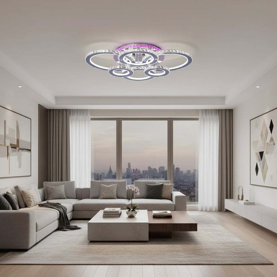 Lustre LED avec télécommande et cristal NOVA ROTONDA RGB 144W, 6 Cercles, Lumière Froide/Chaude/Neutre, Dimmable, Chrome Brillant Lustres LED et Cristaux Titre par défaut Alessandro Design