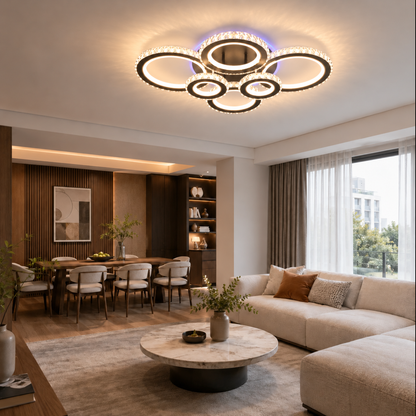 Lustre LED avec télécommande et cristal NOVA ROTONDA RGB 145W, 6 Cercles, Lumière Froide/Chaude/Neutre, Dimmable, Noir