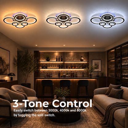 Lustre LED avec télécommande et cristal NOVA ROTONDA RGB 145W, 6 Cercles, Lumière Froide/Chaude/Neutre, Dimmable, Noir