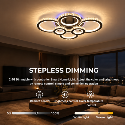 Lustre LED avec télécommande et cristal NOVA ROTONDA RGB 145W, 6 Cercles, Lumière Froide/Chaude/Neutre, Dimmable, Noir