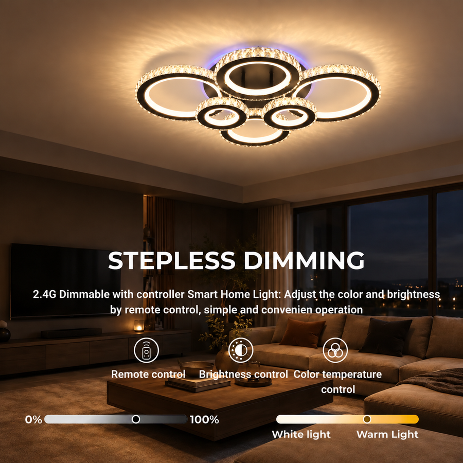Lustre LED avec télécommande et cristal NOVA ROTONDA RGB 145W, 6 Cercles, Lumière Froide/Chaude/Neutre, Dimmable, Noir