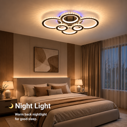 Lustre LED avec télécommande et cristal NOVA ROTONDA RGB 145W, 6 Cercles, Lumière Froide/Chaude/Neutre, Dimmable, Noir