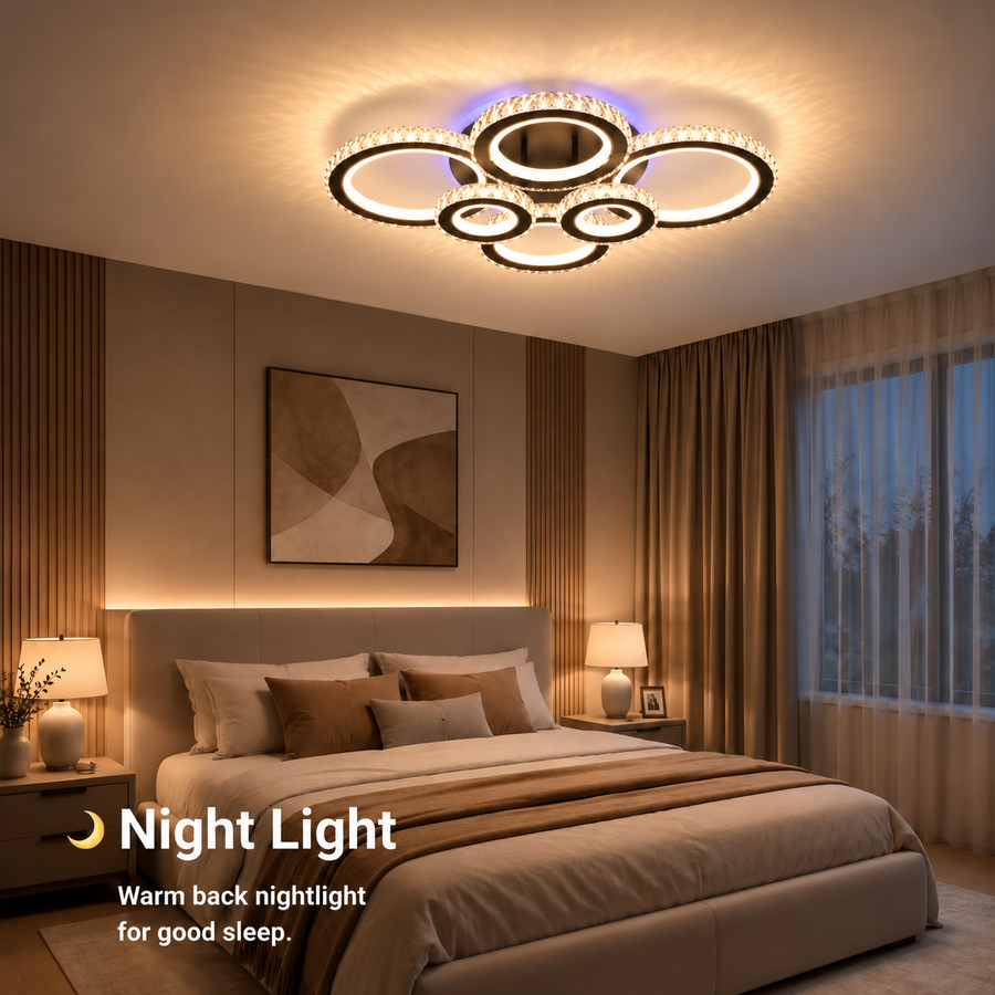 Lustre LED avec télécommande et cristal NOVA ROTONDA RGB 145W, 6 Cercles, Lumière Froide/Chaude/Neutre, Dimmable, Noir