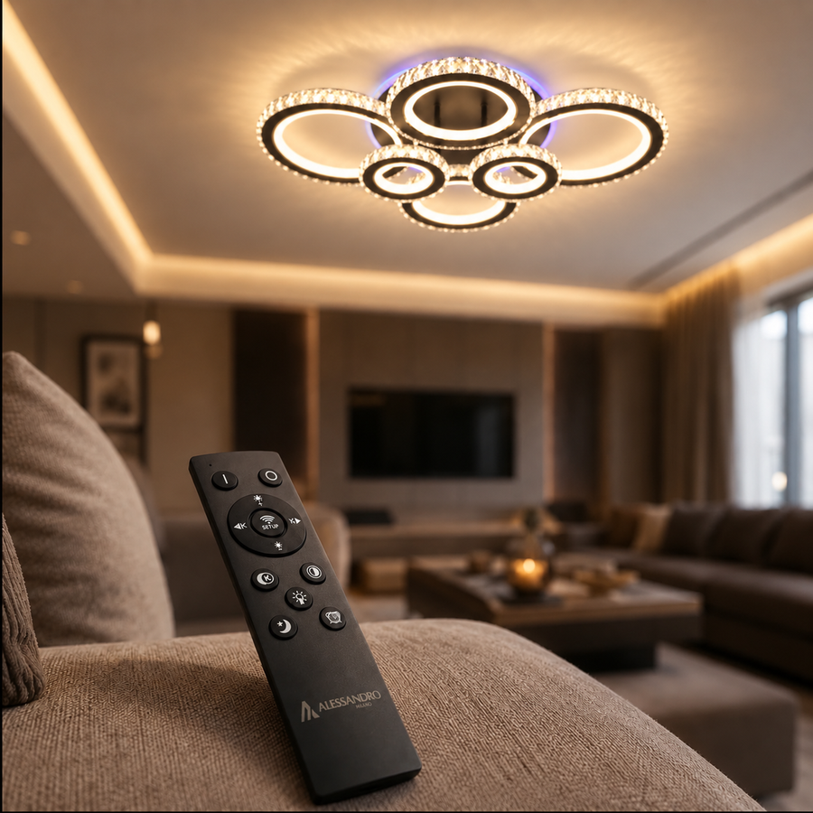 Lustre LED avec télécommande et cristal NOVA ROTONDA RGB 145W, 6 Cercles, Lumière Froide/Chaude/Neutre, Dimmable, Noir