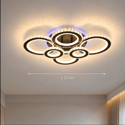 Lustre LED avec télécommande et cristal NOVA ROTONDA RGB 145W, 6 Cercles, Lumière Froide/Chaude/Neutre, Dimmable, Noir