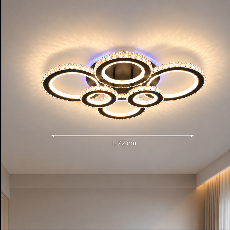 Lustre LED avec télécommande et cristal NOVA ROTONDA RGB 145W, 6 Cercles, Lumière Froide/Chaude/Neutre, Dimmable, Noir