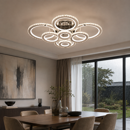 Lustre LED avec télécommande et cristal NOVA ROTONDA RGB, 8 Cercles, Lumière Froid/Chaude/Neutre, Dimmable, Chrome Brillant