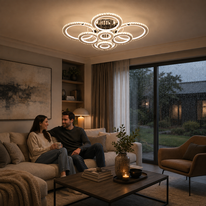 Lustre LED avec télécommande et cristal NOVA ROTONDA RGB, 8 Cercles, Lumière Froid/Chaude/Neutre, Dimmable, Chrome Brillant
