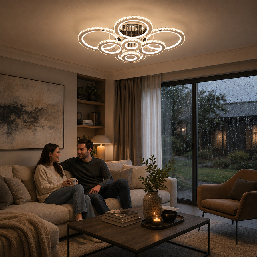 Lustre LED avec télécommande et cristal NOVA ROTONDA RGB, 8 Cercles, Lumière Froid/Chaude/Neutre, Dimmable, Chrome Brillant