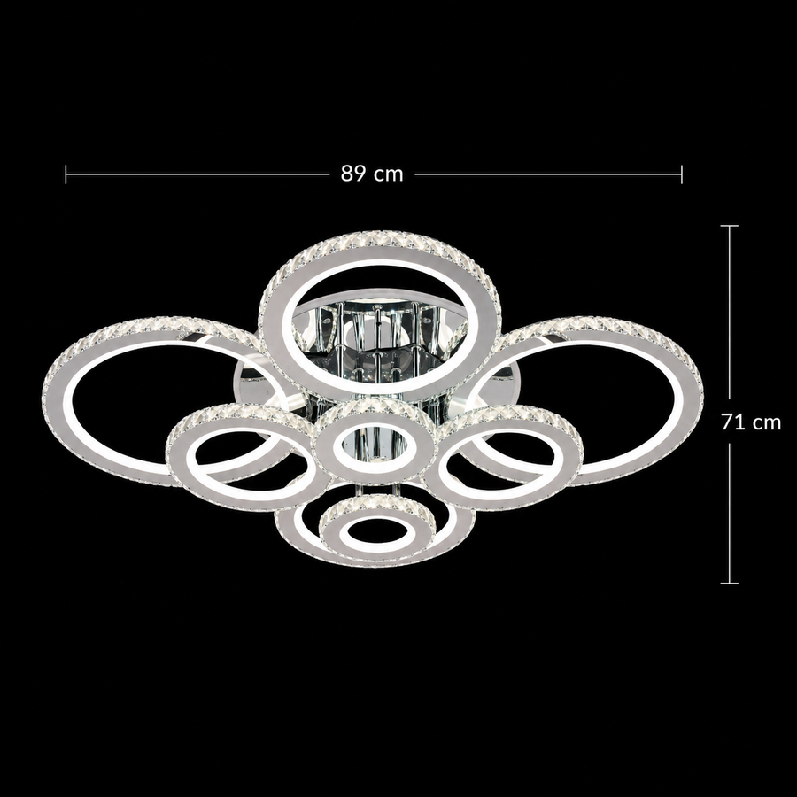 Lustre LED avec télécommande et cristal NOVA ROTONDA RGB, 8 Cercles, Lumière Froid/Chaude/Neutre, Dimmable, Chrome Brillant