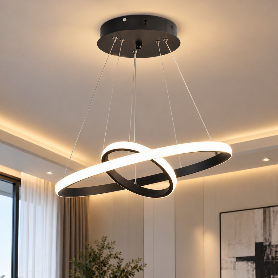 Lustre suspendu LED RICCI 25W, 2 Cercles, Lumière Froid/Chaud/Neutre, Noir, Hauteur Réglable