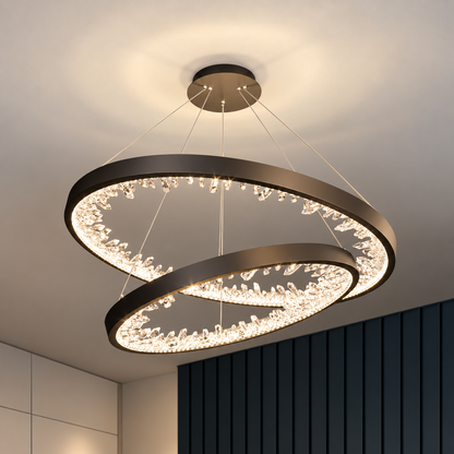 Lustre LED suspendu avec télécommande, Cristaux K9, 73W, 2 Cercles, 60 cm, Lumière Froid/Chaud/Neutre, Dimmable, Noir, Hauteur Réglable