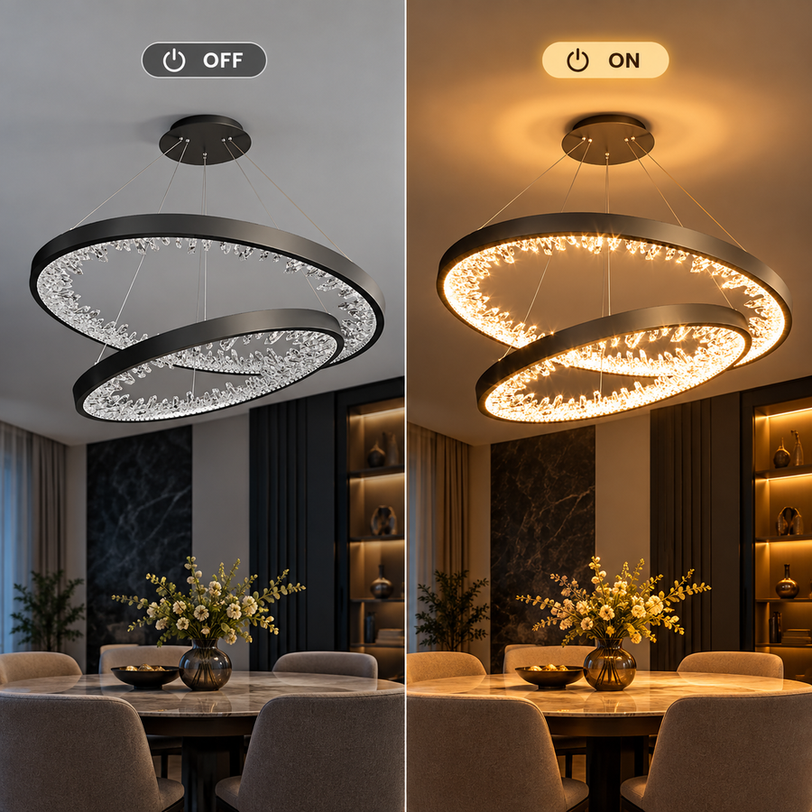 Lustre LED suspendu avec télécommande, Cristaux K9, 73W, 2 Cercles, 60 cm, Lumière Froid/Chaud/Neutre, Dimmable, Noir, Hauteur Réglable