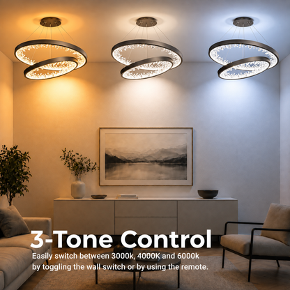Lustre LED suspendu avec télécommande, Cristaux K9, 73W, 2 Cercles, 60 cm, Lumière Froid/Chaud/Neutre, Dimmable, Noir, Hauteur Réglable