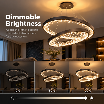 Lustre LED suspendu avec télécommande, Cristaux K9, 73W, 2 Cercles, 60 cm, Lumière Froid/Chaud/Neutre, Dimmable, Noir, Hauteur Réglable