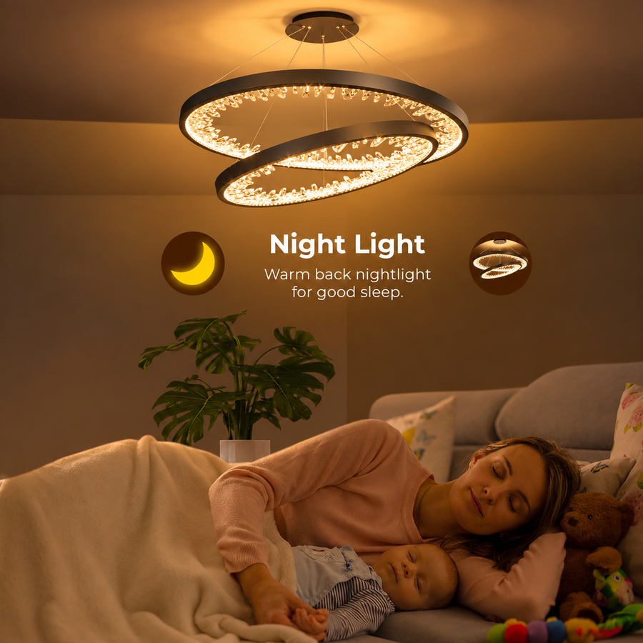 Lustre LED suspendu avec télécommande, Cristaux K9, 73W, 2 Cercles, 60 cm, Lumière Froid/Chaud/Neutre, Dimmable, Noir, Hauteur Réglable