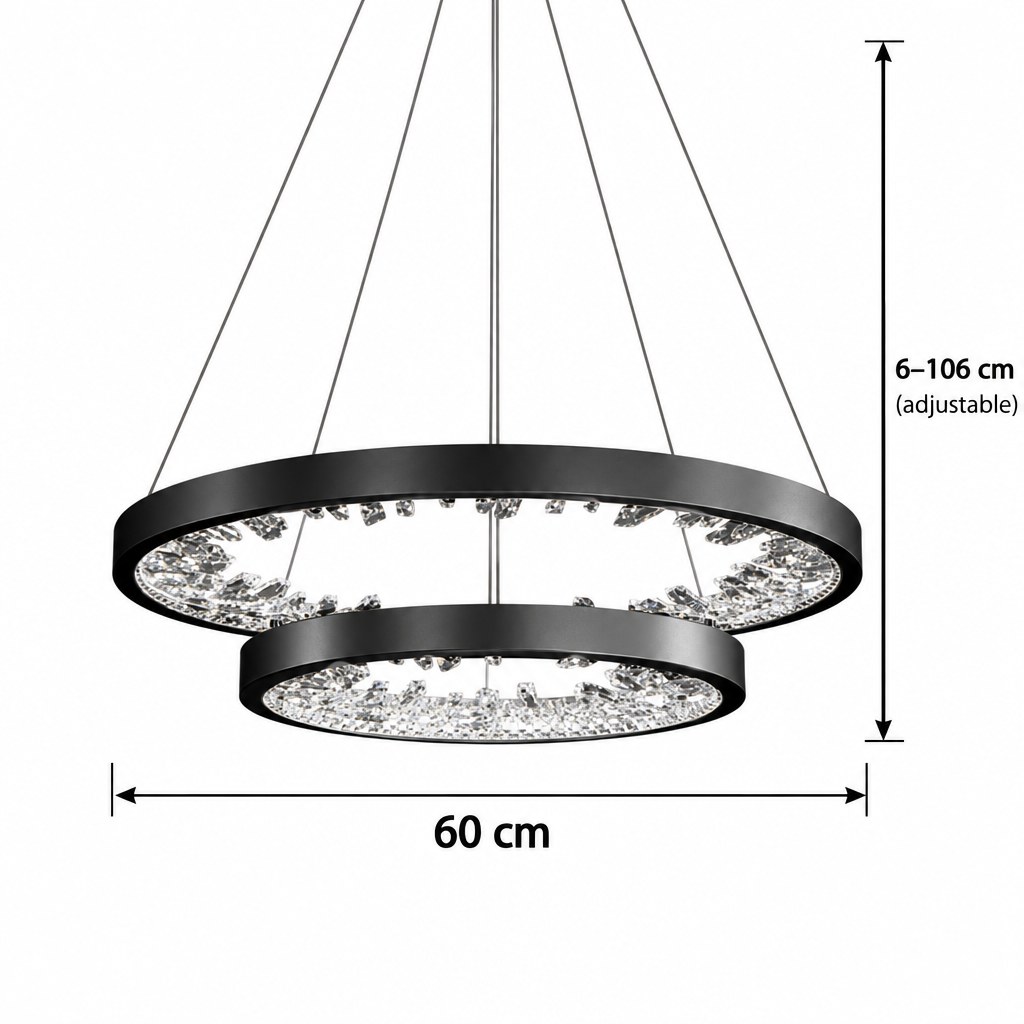 Lustre LED suspendu avec télécommande, cristaux K9, 73W, 2 cercles, 60 cm, lumière froide/chaude/neutre, variable, noir, lustres modernes réglables en hauteur Titre par défaut Alessandro Design