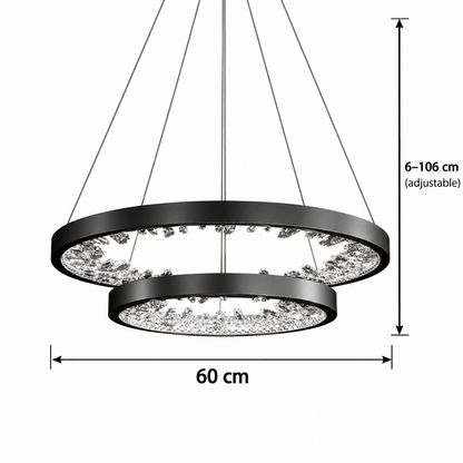 Lustre LED suspendu avec télécommande, cristaux K9, 73W, 2 cercles, 60 cm, lumière froide/chaude/neutre, variable, noir, lustres modernes réglables en hauteur Titre par défaut Alessandro Design