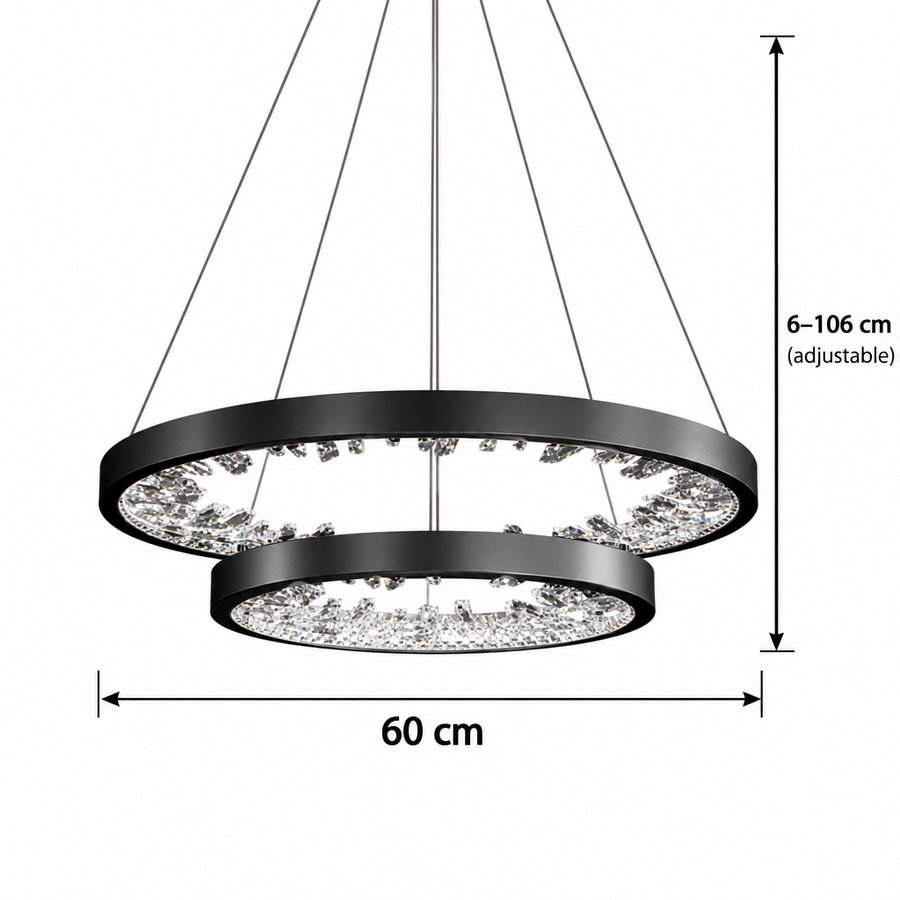 Lustre LED suspendu avec télécommande, cristaux K9, 73W, 2 cercles, 60 cm, lumière froide/chaude/neutre, variable, noir, lustres modernes réglables en hauteur Titre par défaut Alessandro Design
