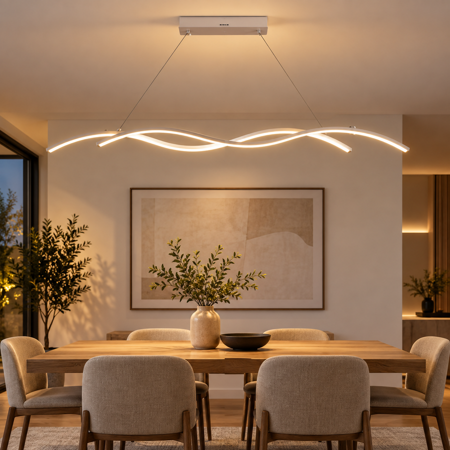 Lustre LED suspendu avec télécommande KHOROG 34W, Longueur 120cm, Lumière Froid/Chaud/Neutre, Dimmable, Hauteur réglable, Blanc