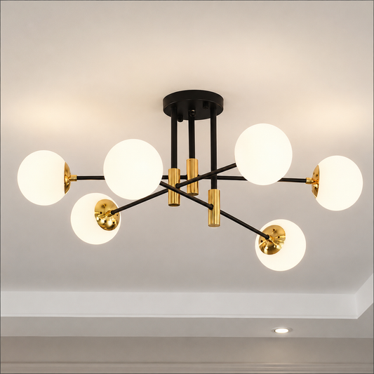 Lustre Globe Rond Blanc, PENTHOUSE Lounge, 6xE27, Noir/Or, Métal