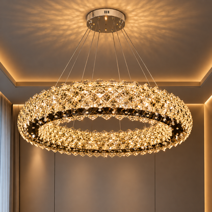 Lustre en cristal KALTO Eleganza, 106 W, lumière froide/chaude/neutre, hauteur réglable, métal et cristal, chrome brillant