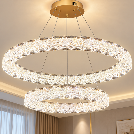 SHELP Lustre LED en Cristal avec télécommande, 64W, Lumière Chaude/Neutre/Froide, Φ60 cm, Hauteur réglable, Métal et Cristal, Or
