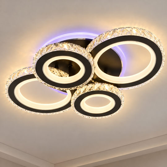 Lustre LED avec télécommande et cristal NOVA ROTONDA RGB 82W, 4 Cercles, Lumière Froide/Chaude/Neutre, Dimmable, Noir