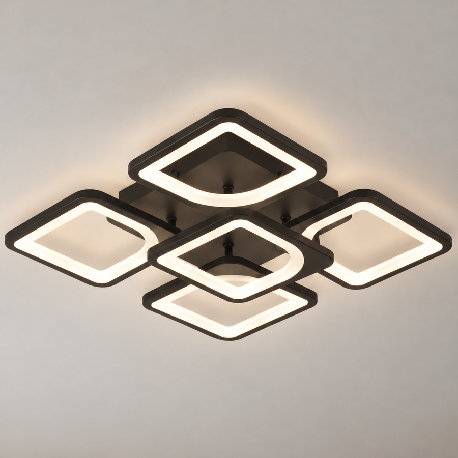 Lustre LED avec télécommande ZOE 65W, 5 carrés, Lumière Froid/Chaud/Neutre, Dimmable, Noir
