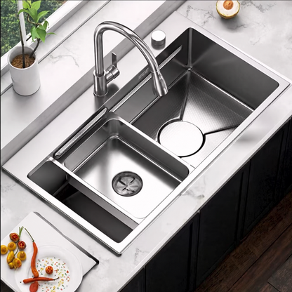 Ensemble d'évier de cuisine en acier inoxydable, baignoire universelle avec bouchon de vidange, noir graphite, 75x45x21 cm
