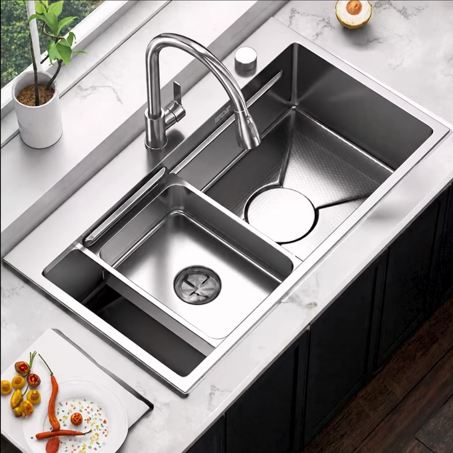 Ensemble d'évier de cuisine en acier inoxydable, baignoire universelle avec bouchon de vidange, noir graphite, 75x45x21 cm