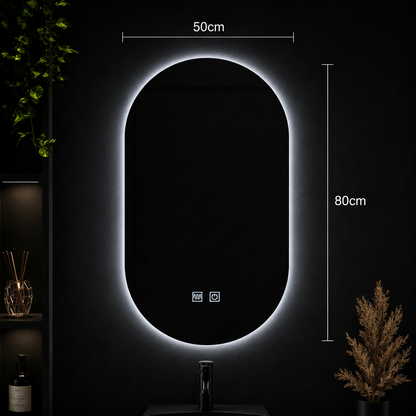 Miroir LED ovale, 50X80cm, E14S/50X80, tactile, système antibuée