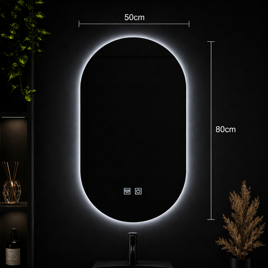 Miroir LED ovale, 50X80cm, E14S/50X80, tactile, système antibuée