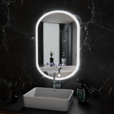 Miroir LED ovale, 50x80 cm, capteur Lucia Marcello, lumière chaude/neutre/froide, système anti-buée, horloge et thermomètre, intensité variable