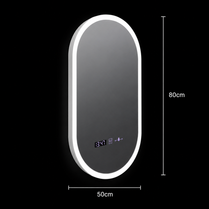 Miroir LED ovale, 50x80 cm, capteur Lucia Marcello, système anti-buée, horloge et thermomètre, intensité variable
