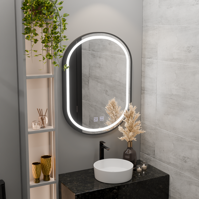 Miroir ovale LED 60 x 80 cm, système anti-buée à intensité variable VETRO Touch, cadre noir