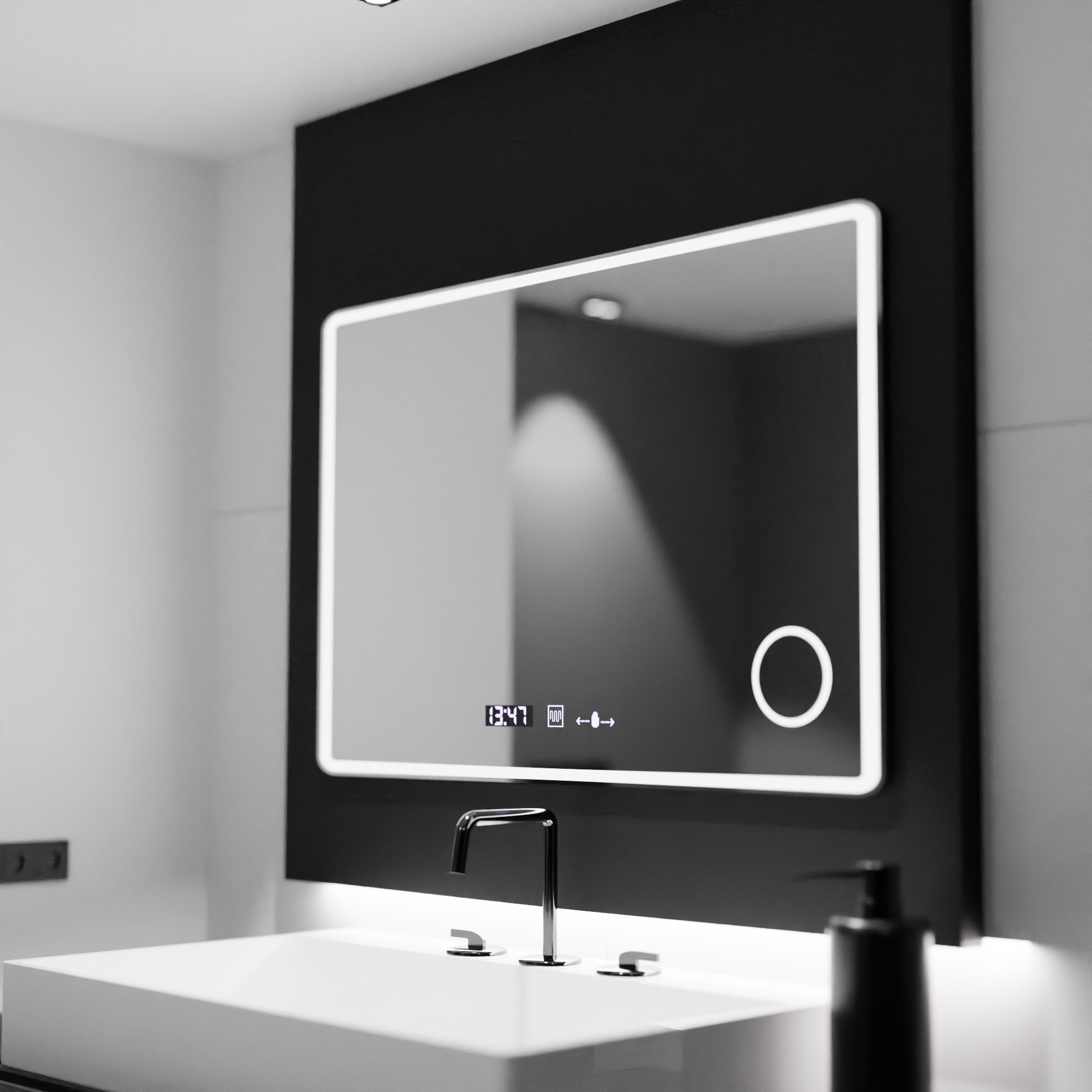 Miroir LED rectangulaire 120x80 Aura Riflesso Puro MotionGlow Marcello, système de désembuage, thermomètre et horloge, miroirs dimmables Marcello Default Title Alessandro Design