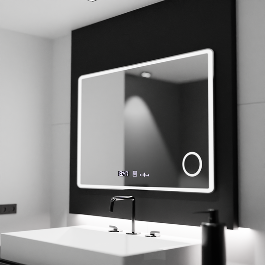 Miroir LED rectangulaire 120x80 Aura Riflesso Puro MotionGlow Marcello, système de désembuage, thermomètre et horloge, miroirs dimmables Marcello Default Title Alessandro Design