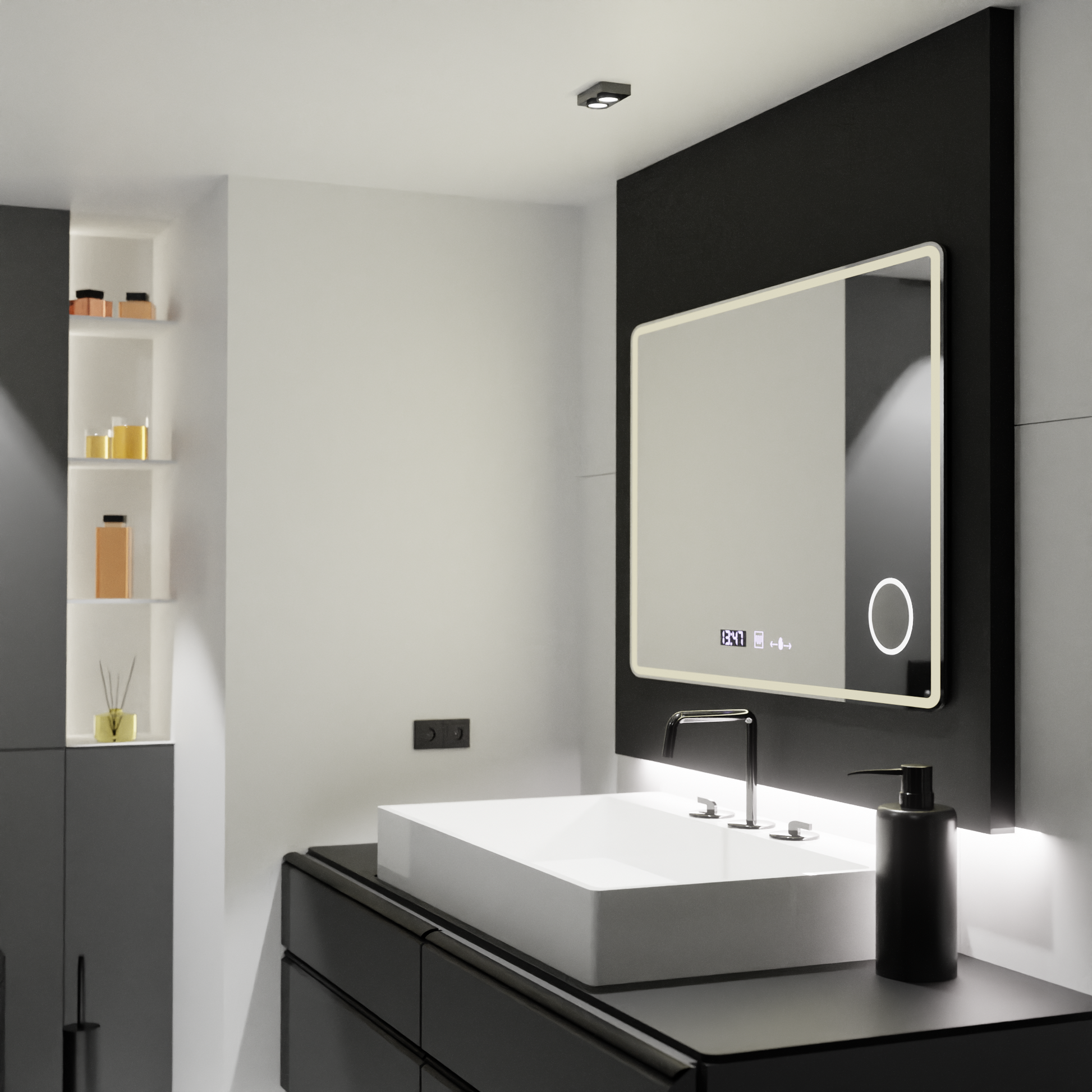 Miroir LED rectangulaire 120x80 Aura Riflesso Puro MotionGlow Marcello, système de désembuage, thermomètre et horloge, miroirs dimmables Marcello Default Title Alessandro Design
