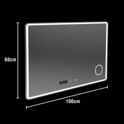 Miroir LED rectangulaire 100x60 Aura Riflesso Puro MotionGlow Marcello, système anti-buée, horloge, intensité variable