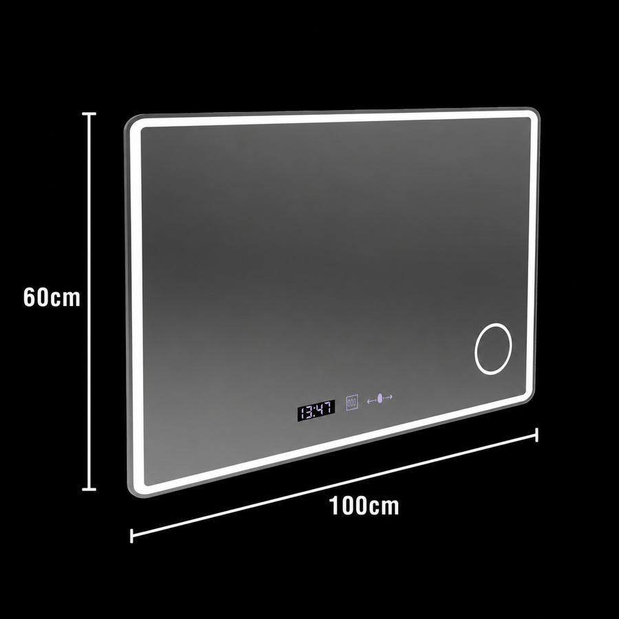 Miroir LED rectangulaire 100x60 Aura Riflesso Puro MotionGlow Marcello, système anti-buée, horloge, intensité variable
