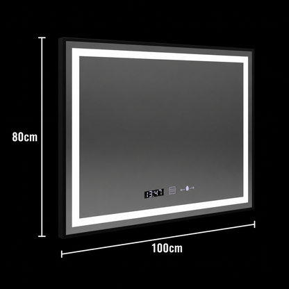Miroir LED rectangulaire, 100x80cm, Verite Majeste Noir MotionGlow Marcello, Système anti-buée, Horloge, Intensité variable