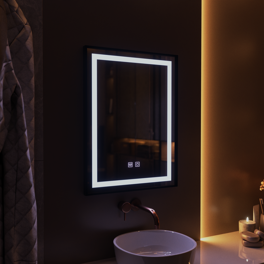Miroir LED rectangulaire, 60x80cm, EDGE Touch, système anti-buée, cadre noir