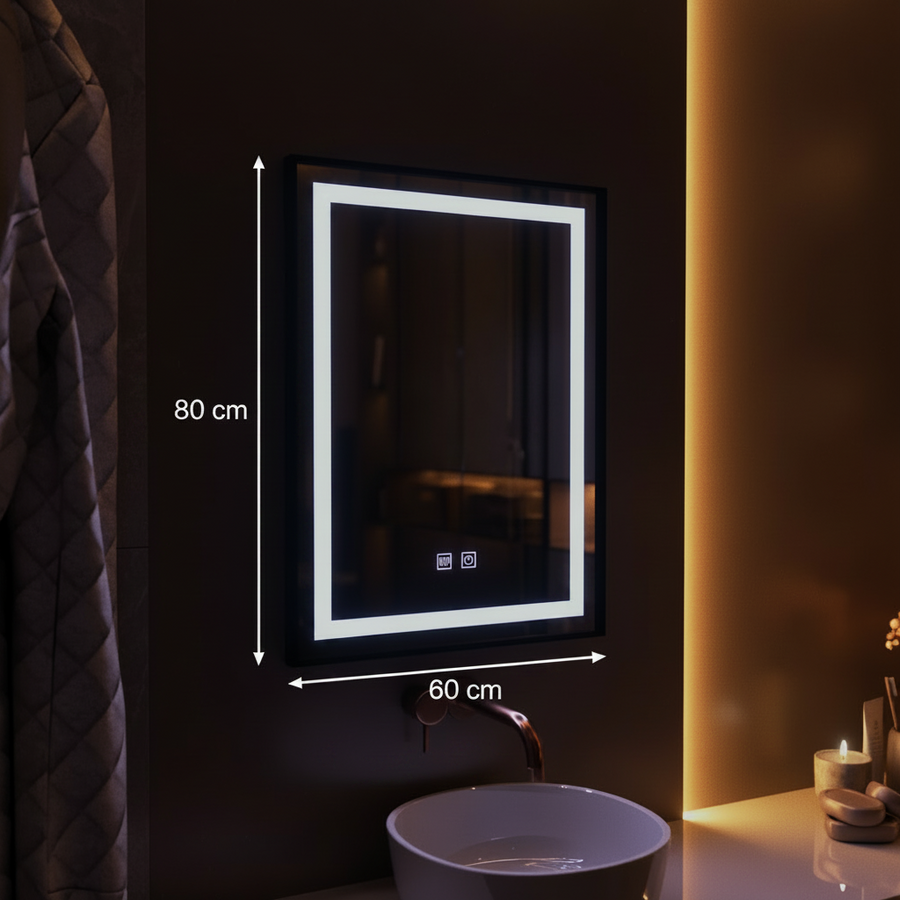 Miroir LED rectangulaire, 60x80cm, EDGE Touch, système anti-buée, cadre noir