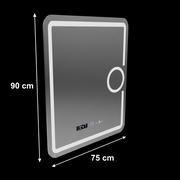 Miroir LED rectangulaire, 75x90cm, Eclat MotionGlow Marcello, système anti-buée, horloge et thermomètre, loupe cosmétique, variable