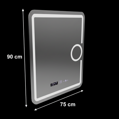 Miroir LED rectangulaire, 75x90cm, Eclat MotionGlow Marcello, système anti-buée, horloge et thermomètre, loupe cosmétique, variable