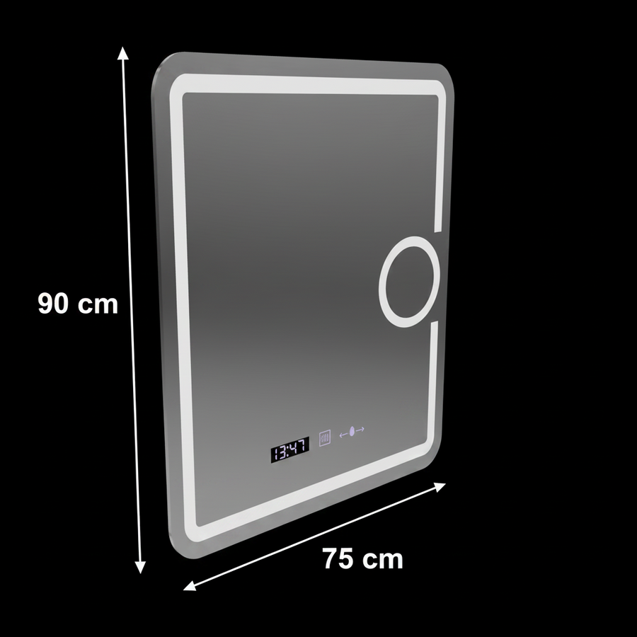 Miroir LED rectangulaire, 75x90cm, Eclat MotionGlow Marcello, système anti-buée, horloge et thermomètre, loupe cosmétique, variable