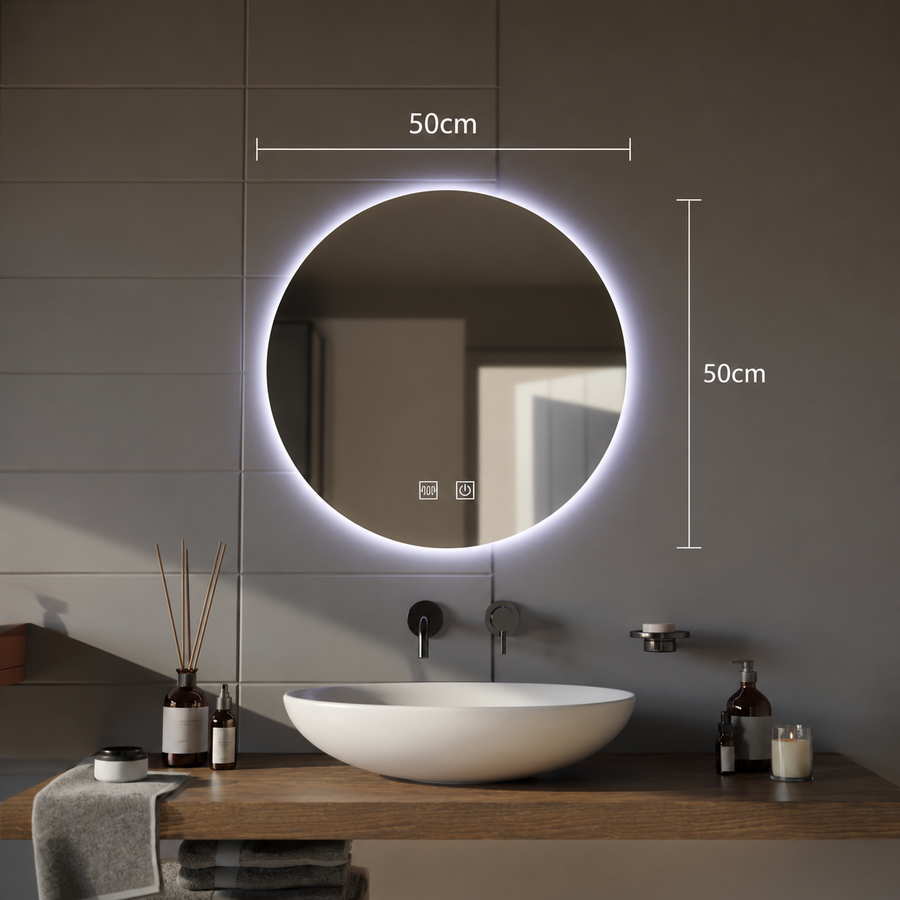 Miroir rond LED, 12W, 50cm, Isolda, Touch, système anti-buée, lumière froide 6000k
